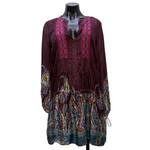 Johnny Was Silk Embroidered Tunic Blouse Purple Multi XS